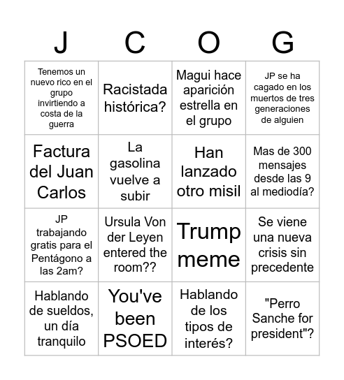 Simple Sentence Bingo Card