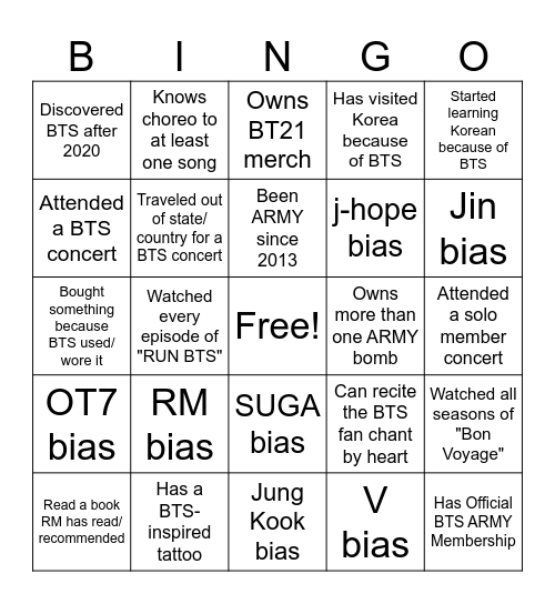 BTS ARMY Bingo Card