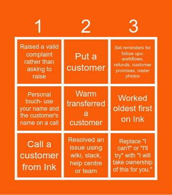 Quick Win Customer Care Bingo Card