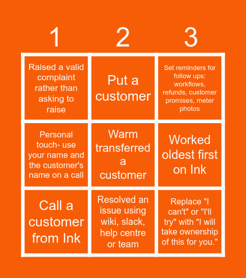 Quick Win Customer Care Bingo Card