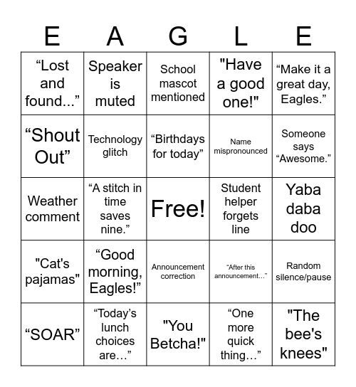 EAGLE Bingo Card