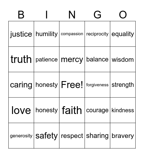 Common Values Bingo Card
