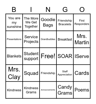 Kindness Squad Bingo Card