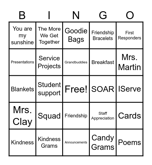 Kindness Squad Bingo Card