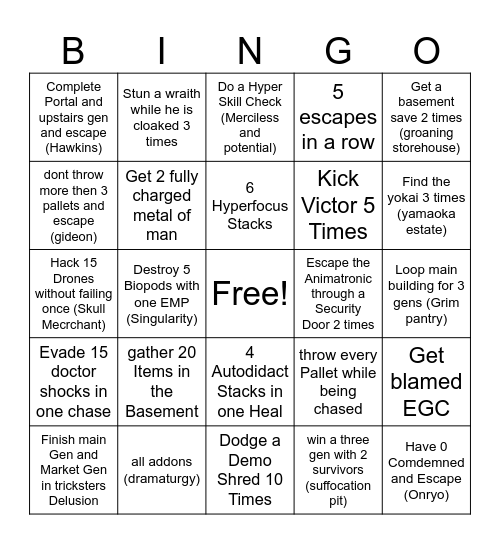 DBD Hardcore Survivor Bingo Card