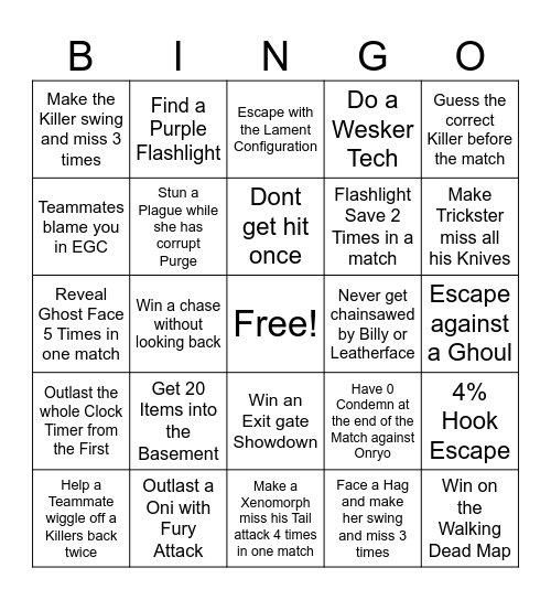 DBD Survivor Bingo Card
