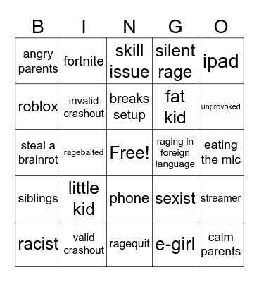 Gamer Rage Bingo Card