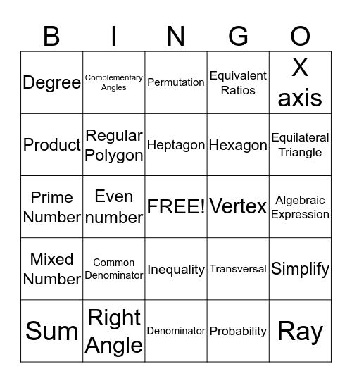 Math Vocabulary Bingo!  Bingo Card