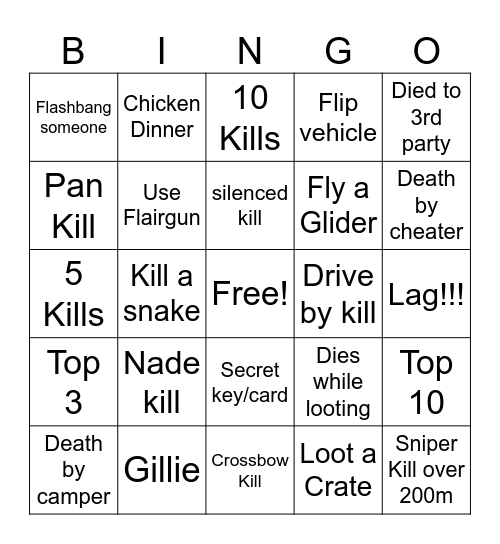 PUBG Bingo Card