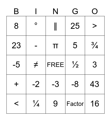Algebra Bingo Card