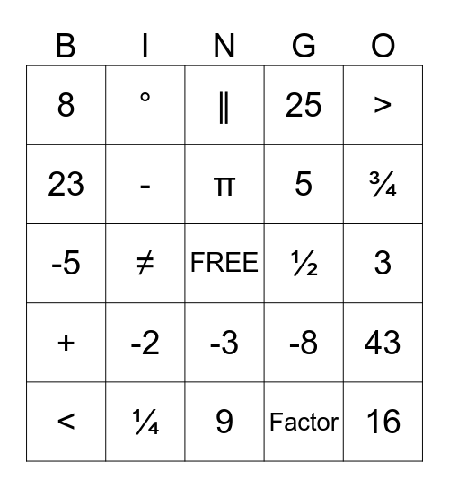 Algebra Bingo Card