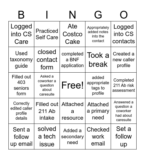 CARESUITE Bingo Card