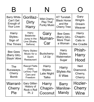 Radio Bingo Barry, Cherry, Gary, and Harry Bingo Card