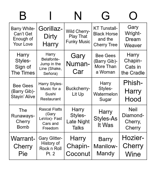 Radio Bingo Barry, Cherry, Gary, and Harry Bingo Card
