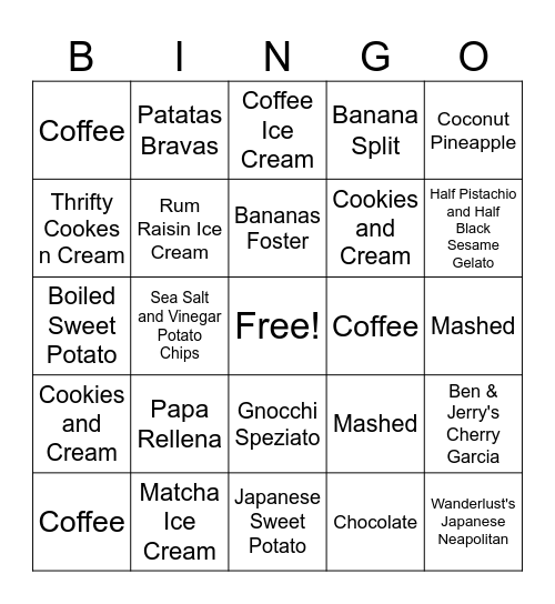 Aero's Ice Creams & Potatoes Bingo Card