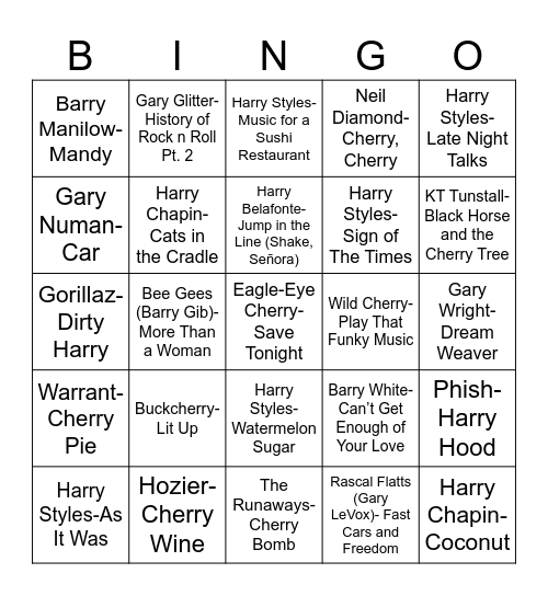 Radio Bingo Barry, Cherry, Garry, and Harry Bingo Card