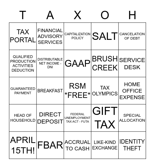 2017 TAX OLYMPICS Bingo Card