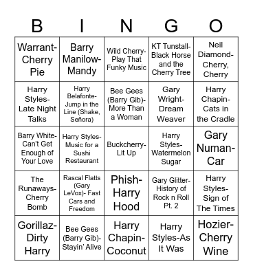 Radio Bingo Barry, Cherry, Gary, and Harry Bingo Card