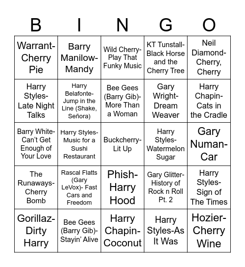 Radio Bingo Barry, Cherry, Gary, and Harry Bingo Card