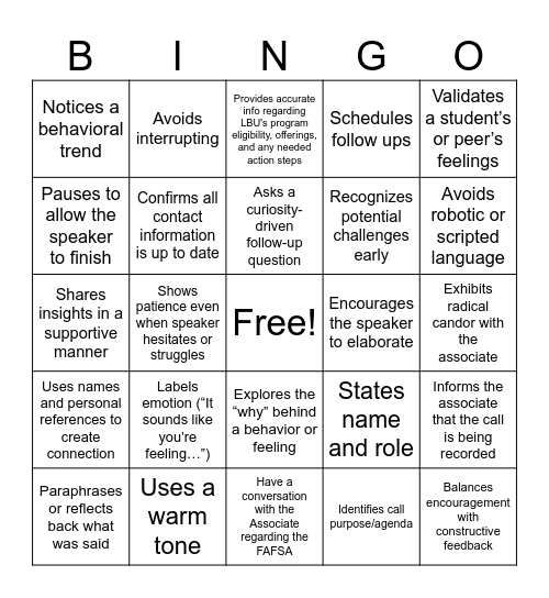 SPOT THE BEHAVIOR BINGO Card