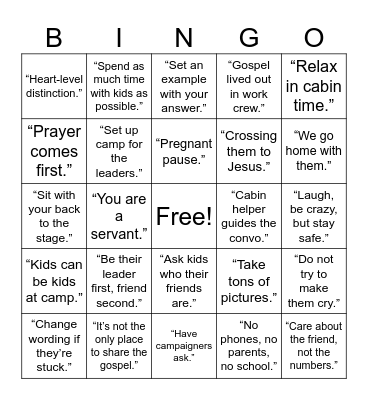 New Leader Camp Training Bingo Card
