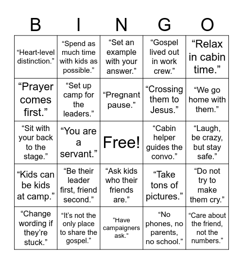 New Leader Camp Training Bingo Card
