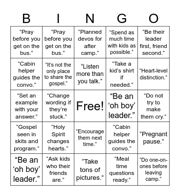New Leader Camp Training Bingo Card