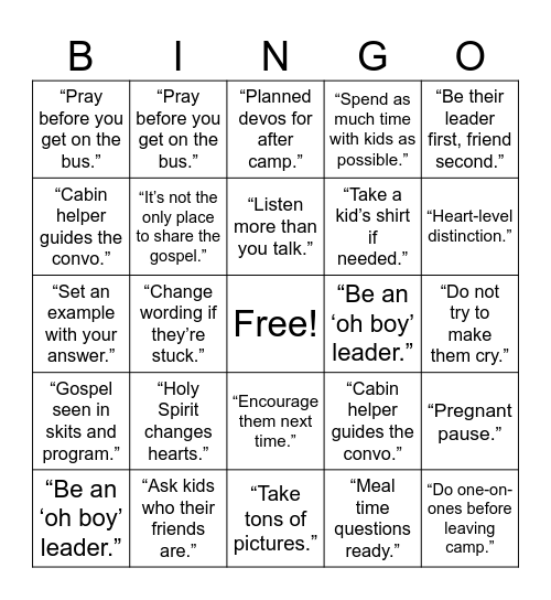 New Leader Camp Training Bingo Card