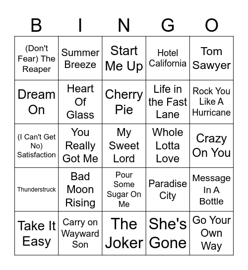70s & 80s Rock Bingo Card