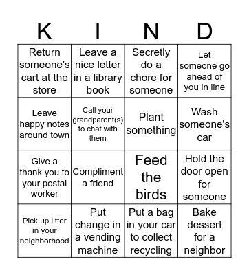 Acts of Kindness Bingo Card