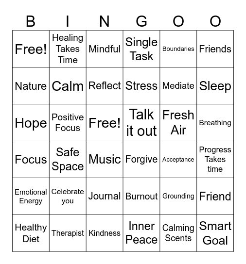 Stress Management Bingo Card