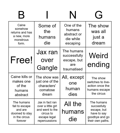 TADC Episode 9 Predictions Bingo Card