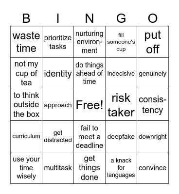 Vocabulary revision Bingo Card