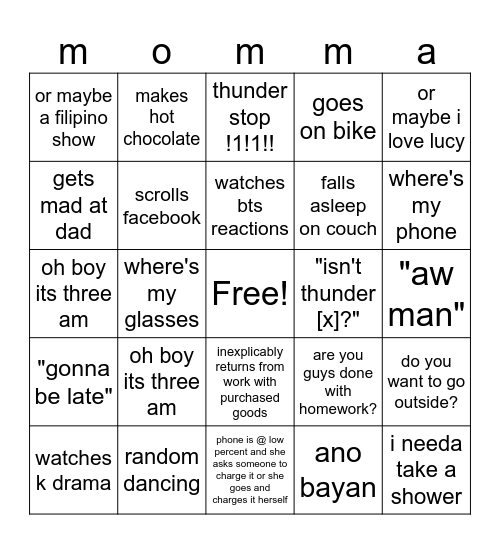 mom Bingo Card
