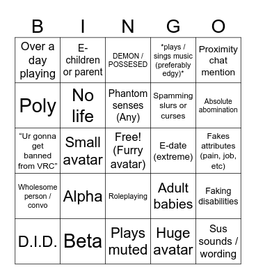 VRC bingo (Play at your own risk.) (+18) (Therapist not included) Bingo Card