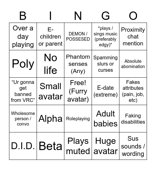 VRC bingo (Play at your own risk.) (+18) (Therapist not included) Bingo Card