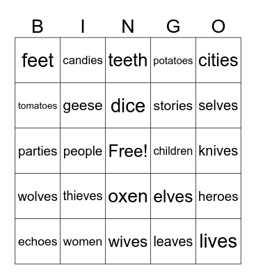 Irregular Plural Nouns Bingo Card