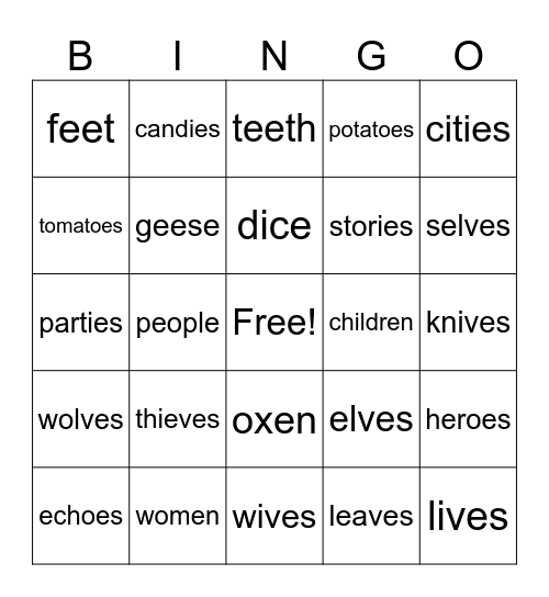 Irregular Plural Nouns Bingo Card