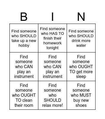 Modals Bingo Card