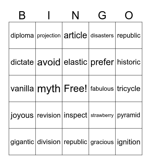 4th Grade Bingo Card