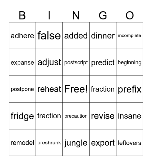 5th Grade Group Bingo Card