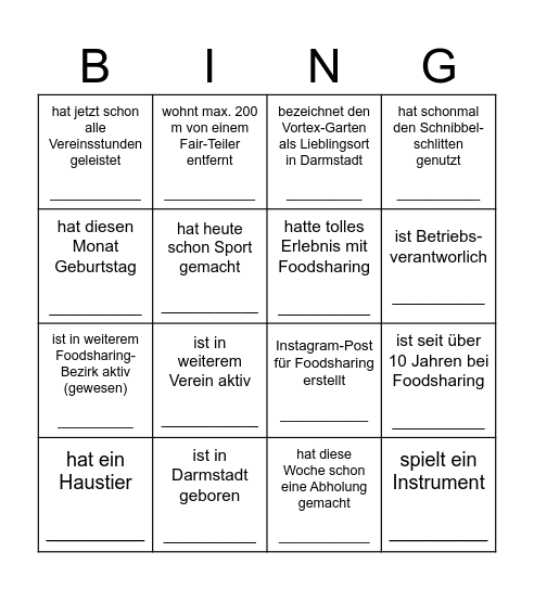 Foodsharing Frühlingsfest - bitte jede Person nur einmal eintragen Bingo Card