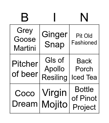 Beverage Bingo Card