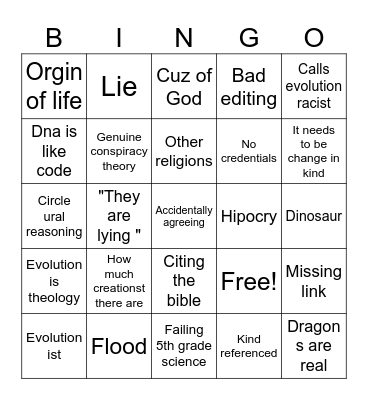 Creationsm Bingo Card