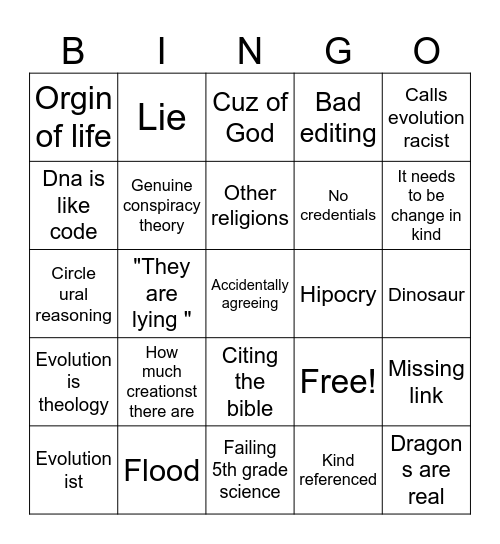 Creationsm Bingo Card