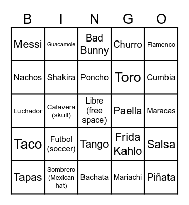 Bingo sobre la Cultura Hispanica Bingo Card