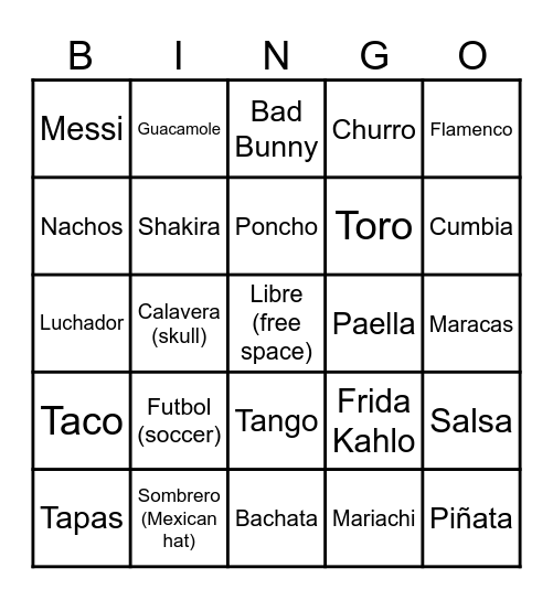 Bingo sobre la Cultura Hispanica Bingo Card