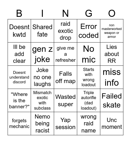 Raid bingo Card