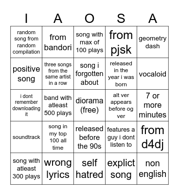 aleas dogshit music taste bingo Card