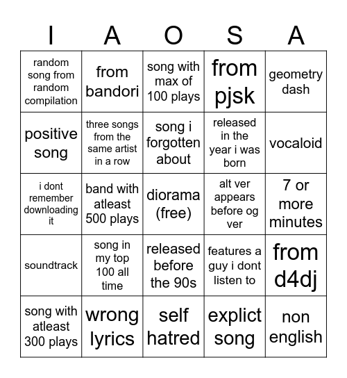 aleas dogshit music taste bingo Card